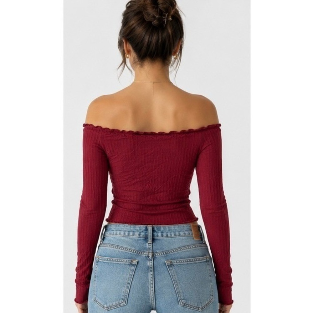Women's Burgundy Off Shoulder Long Sleeve Ruched Crop Top Ruffle Hem Size L - Picture 2 of 3